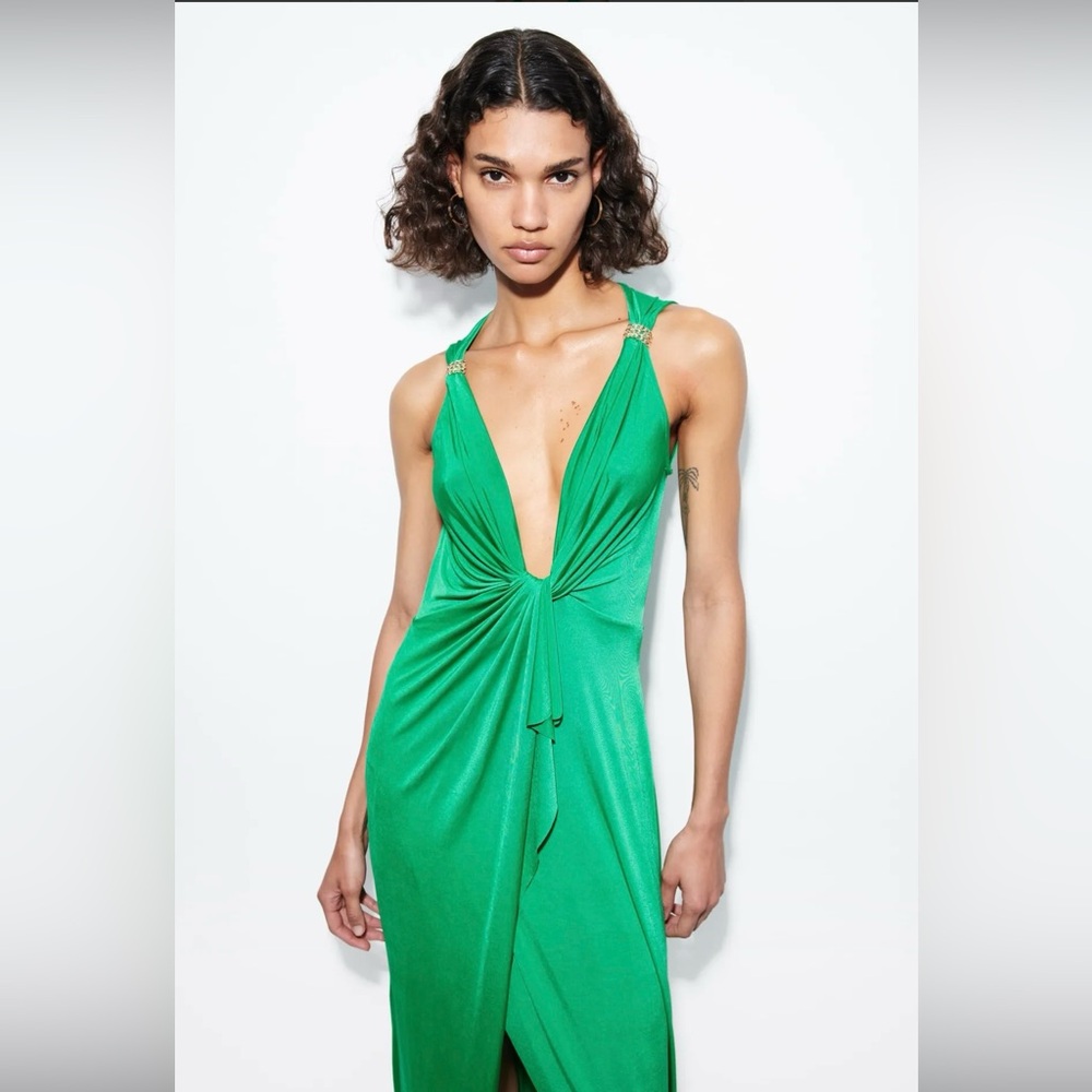 NEW ZARA WOMAN DRESS WITH KNOT AND BEAD DETAIL GREEN SIZE S